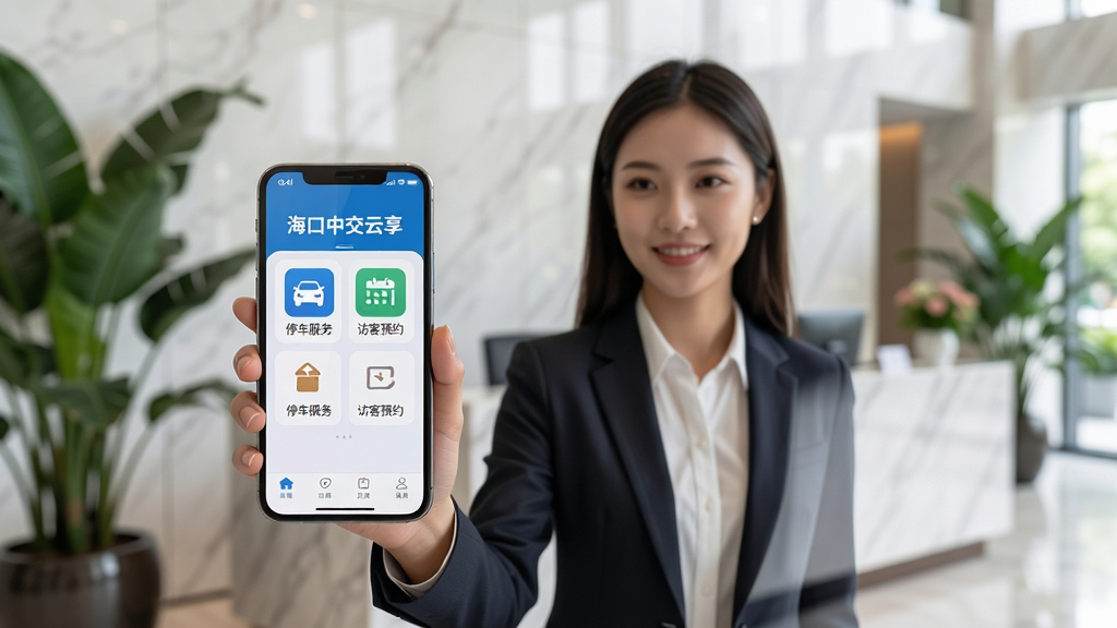 高清摄影作品,主体为现代商务写字楼大厅,一位身着职业装的年轻女性正手持智能手机,屏幕显示“海口中交云享”APP界面,界面清晰展示“停车服务”“访客预约”等图标。前景聚焦手机屏幕,背景为柔和虚化的绿植与大理石前台,整体布局简洁明亮,风格写实,细节丰富,画质细腻,干净无多余元素。