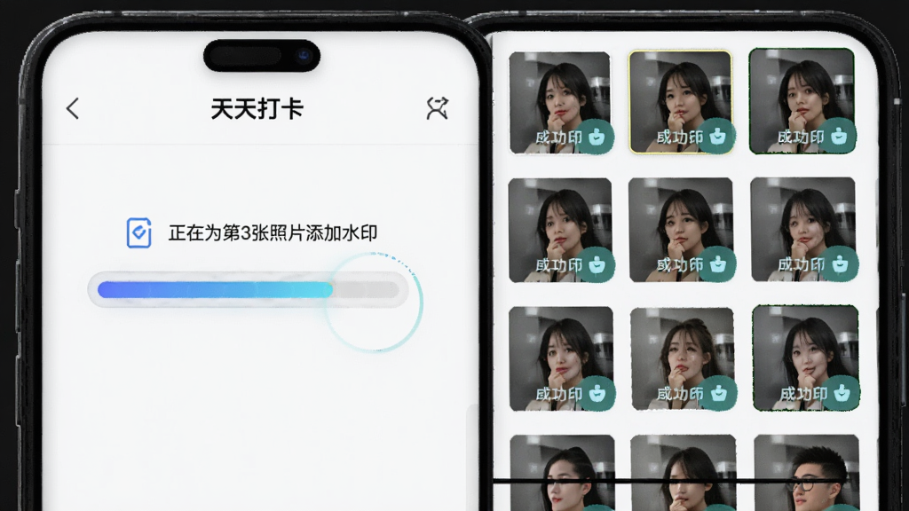 展示“天天打卡”批量处理进程的界面,主体是手机屏幕,布局显示一个进度条,上方有“正在为第3张照片添加水印”的文字提示,右侧是待处理的照片缩略图列表,排版紧凑,风格科技感,细节显示每张照片成功添加水印后的预览效果,画质干净,无多余元素。