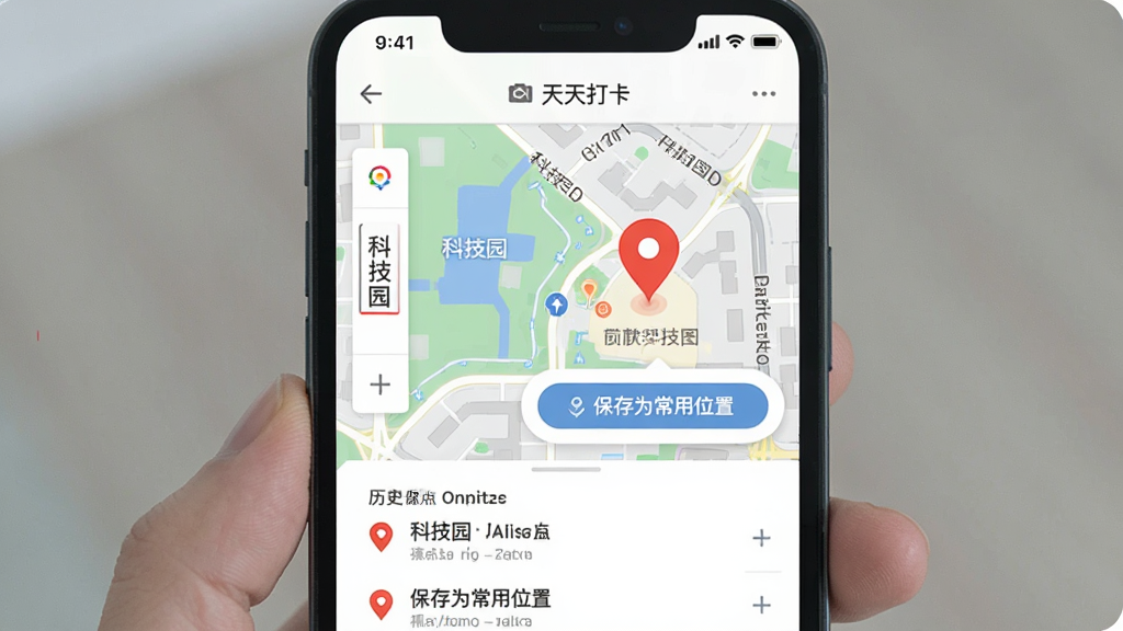 展示“天天打卡”软件地图选点功能的界面,主体是手机屏幕内的电子地图,布局左侧为搜索框输入“科技园”,右侧地图中央有一个醒目的红色定位图标,下方弹出“保存为常用位置”的按钮,排版直观,风格清爽,细节显示已保存的历史位置列表,画质清晰,无多余元素。