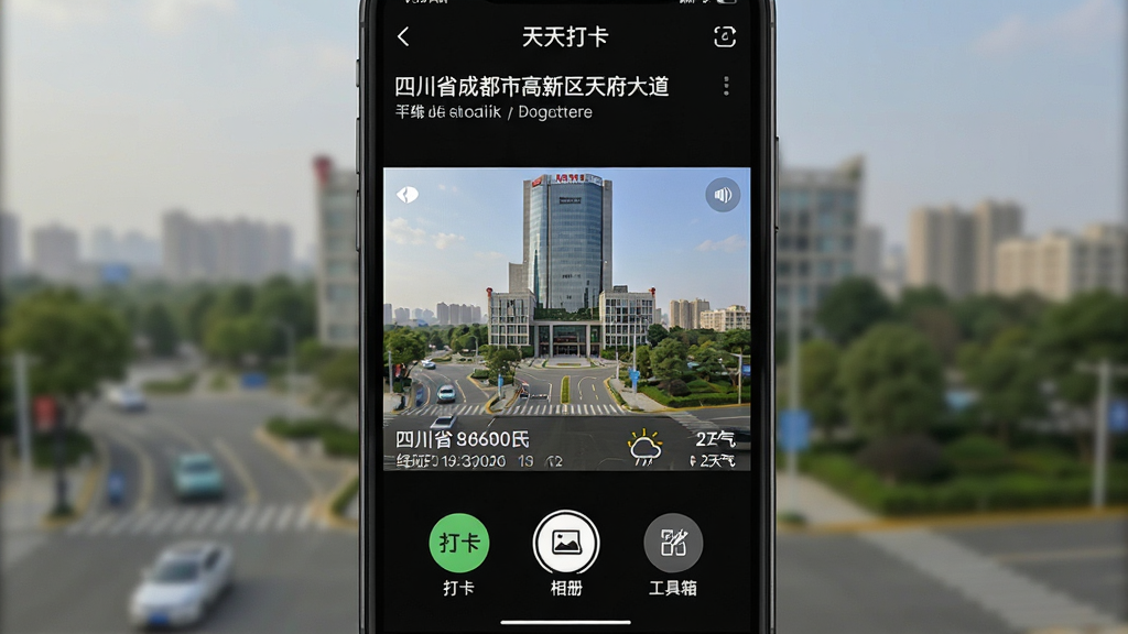 一张手机应用界面截图,主体是“天天打卡”的拍照预览页面,布局上方显示“四川省成都市高新区天府大道”的精确地址和当前时间,中间是相机取景框,下方有“打卡”“相册”“工具箱”三个圆形按钮,整体排版简洁清晰,风格偏向商务实用,细节展示水印相机自动生成的经纬度与天气信息,画质干净,无多余元素。