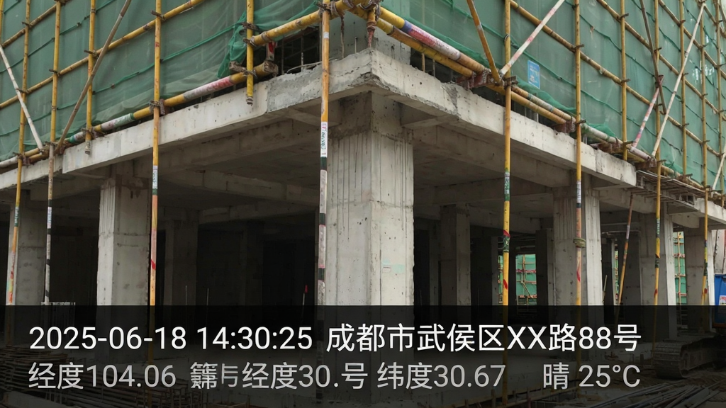 一张“天天打卡”应用拍摄的样张照片,主体是建筑工地一角,布局在画面底部有半透明黑色底条,上面清晰显示白色文字“2025-06-18 14:30:25 成都市武侯区XX路88号 经度104.06 纬度30.67 晴 25℃”,排版工整,风格写实,细节强调水印的不可篡改特性,画质干净,无多余元素。