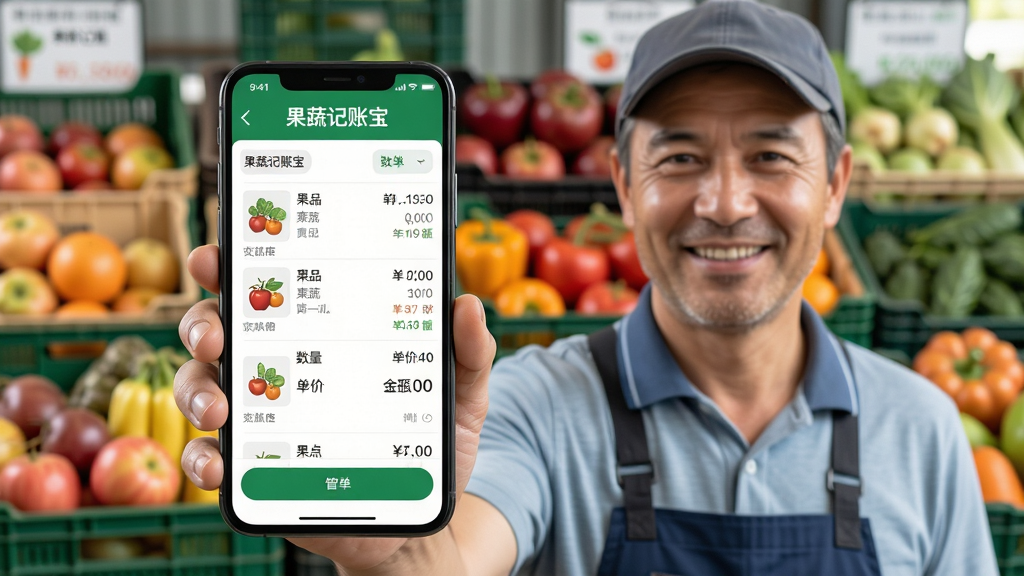 主体:一位果蔬批发商老板手持智能手机,屏幕上清晰显示“果蔬记账宝”的开单界面,界面中有商品列表、数量、单价和金额。布局:手机位于画面中央,周围有水果蔬菜箱作为背景点缀,老板面带微笑。排版:手机屏幕内容特写,文字“果蔬记账宝”醒目。风格:写实摄影风格,明亮自然光,细节丰富。画质:超清,干净,无多余元素。