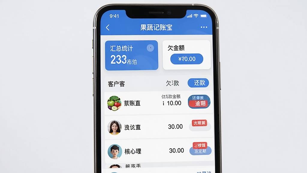 主体:手机屏幕显示“果蔬记账宝”的赊欠管理界面,包含客户列表、欠款金额、还款按钮。布局:列表清晰,顶部有汇总统计卡片,背景为浅灰色。排版:数据对齐,红色标注逾期欠款。风格:商务简洁风格,蓝色主调。细节:每个客户头像和名称。画质:高清,干净,无多余元素。