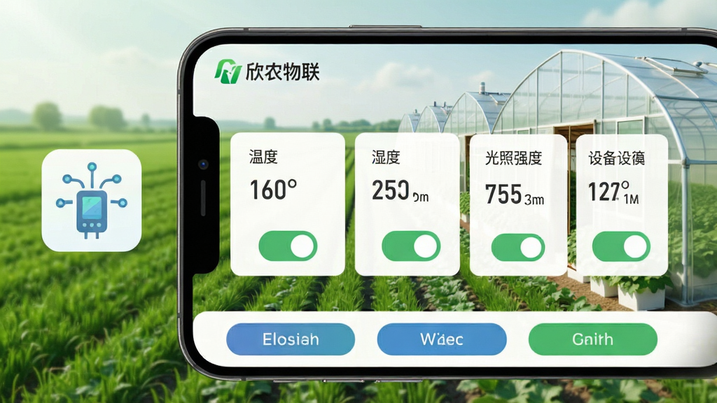 主体:欣农物联APP的智能监控页面,展示大棚内传感器数据,包括温度、湿度、光照强度数值及设备开关按钮;布局:手机界面为主,背景为绿色田野与大棚,左侧浮动物联网设备图标;排版:数据卡片横向排列,底部为控制按钮;风格:写实与UI结合,色调清爽;细节:界面标注“欣农物联”LOGO,数据精确,按钮有开关状态;画质:高清晰度,干净无杂物