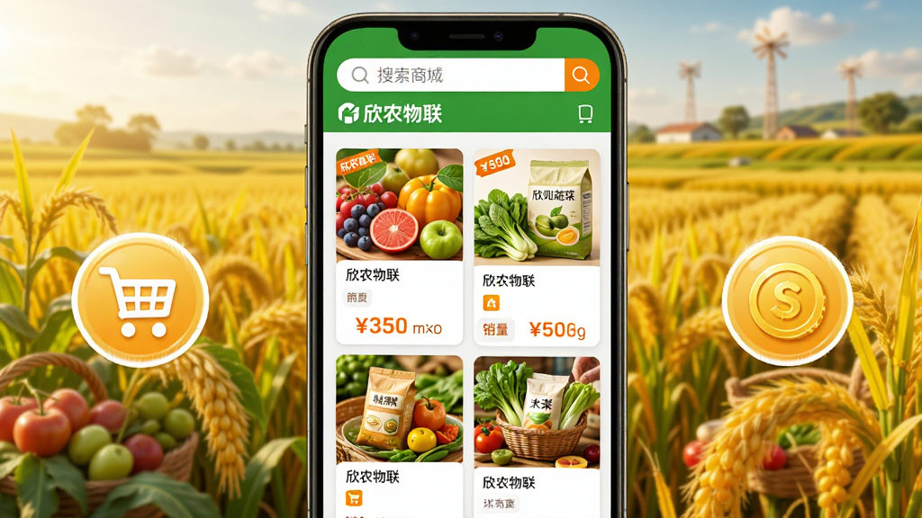 主体:欣农物联APP的商城页面,展示农产品列表,包括水果、蔬菜、大米等,有价格和销量;布局:手机界面为中心,背景为丰收田野,左右两侧有购物车和金币图标;排版:商品卡片瀑布流,顶部搜索栏;风格:活泼明亮,绿色与橙色点缀;细节:商品图片逼真,价格标签清晰,有“欣农物联”字样;画质:高清渲染,无多余元素