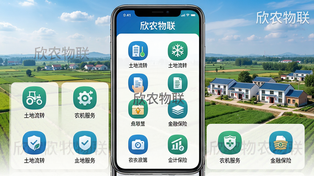 主体:欣农物联APP的服务大厅页面,图标网格展示土地流转、农机服务、金融保险等入口;布局:手机界面居中,背景为现代农村全景,图标排列整齐;排版:宫格布局,每个图标下方有文字标签;风格:商务大气,蓝色与绿色主调;细节:图标精细,有“欣农物联”水印;画质:高清,干净无杂物