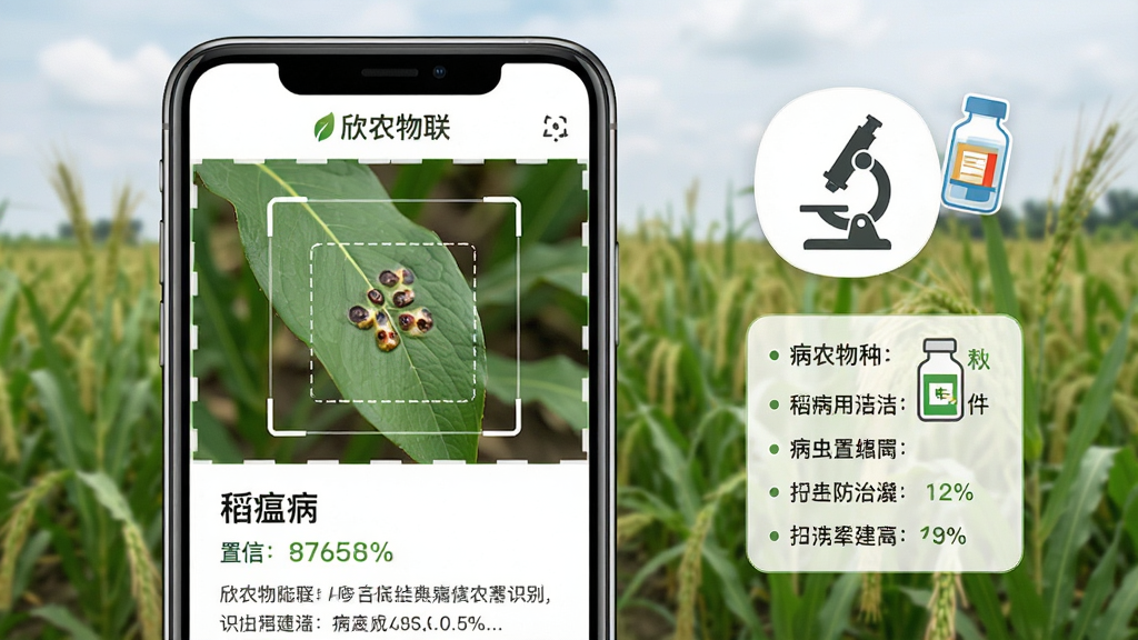 主体:欣农物联APP的病虫害识别界面,手机拍摄的叶片照片被框选,下方显示识别结果“稻瘟病”及防治建议;布局:手机屏幕为主,背景为农作物田,右侧浮动着显微镜和药物图标;排版:识别结果突出,建议列表清晰;风格:科普教育风,色彩自然;细节:屏幕顶部有“欣农物联”标识,识别置信度百分比;画质:高清,干净整洁