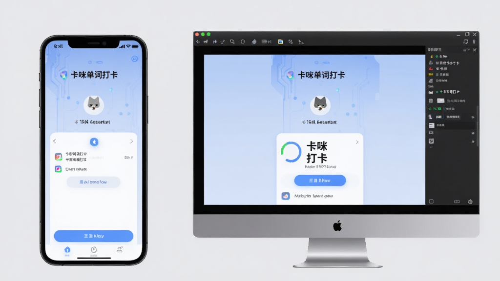 一张展示卡咪单词打卡在手机和电脑上运行对比的图片,左侧是手机屏幕显示打卡界面,右侧是电脑模拟器窗口显示同一界面,背景为浅灰色,整体风格科技感,突出多设备兼容性,画质干净,无多余元素。