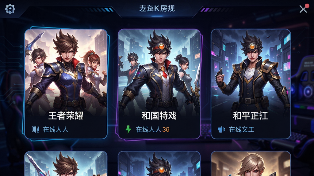 Party Play游戏开黑房间预览图,展示王者荣耀、和平精英等游戏主题房间卡片,房间封面为游戏角色插画,房间名称和在线人数清晰可见,界面布局采用卡片式设计,背景为深色电竞风格,整体色调明亮,细节丰富,画质清晰,干净无多余元素