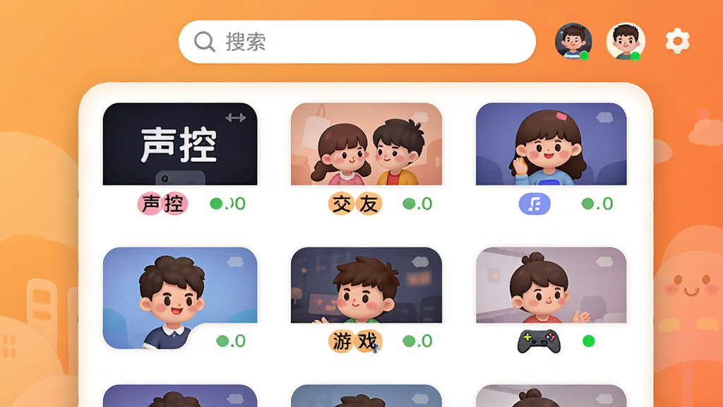 Party Play多人语音聊天室界面截图,展示在线语音房间列表,房间封面有“声控”、“交友”、“游戏”等标签,顶部有搜索栏,背景为温暖橙色渐变,界面圆润可爱,人物头像和在线状态清晰,画质高清,干净无多余元素