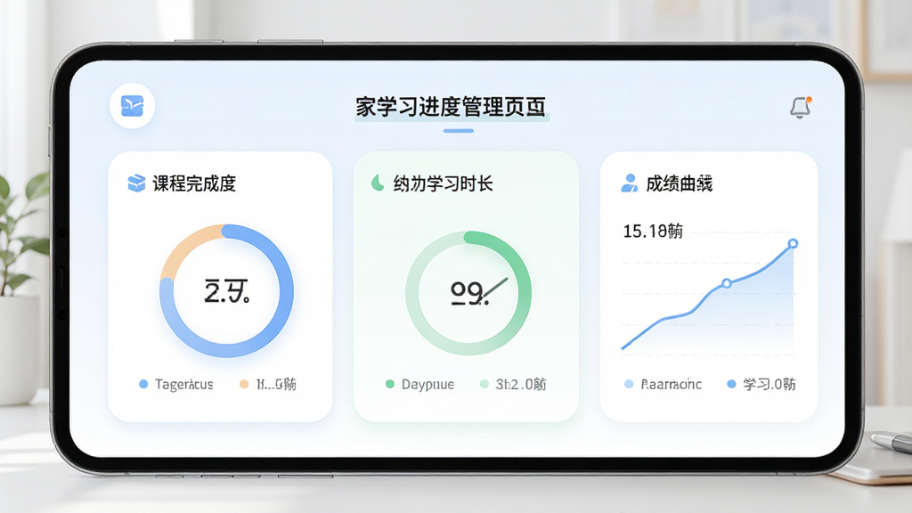 育行家App学习进度管理页面,以图表形式展示课程完成度、学习时长和成绩曲线,界面采用卡片式设计,配色柔和,信息展示直观,画质高清,无多余元素