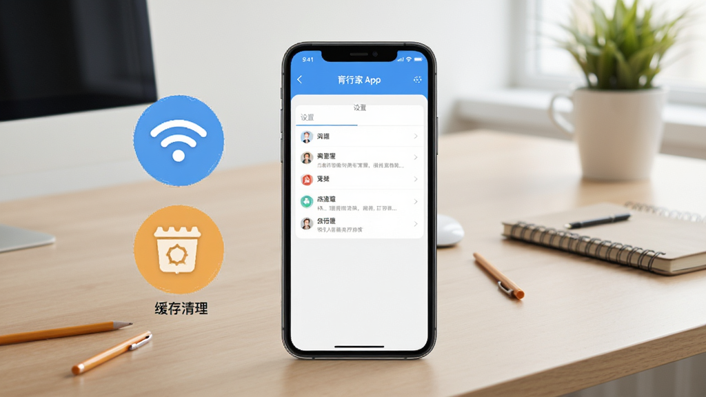 育行家App使用指南示意图,手机屏幕显示设置界面,旁边有Wi-Fi和缓存清理的图标,背景为简洁的办公桌,画质清晰,干净无多余元素