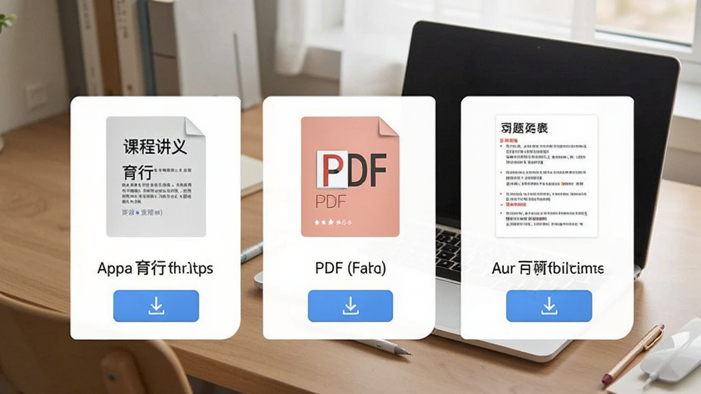 育行家App学习资料下载界面,展示课程讲义、PDF文档和习题列表,每个文件都有下载按钮,界面简洁清晰,背景为书桌和笔记本电脑,画质干净,无多余元素