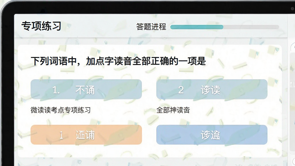 一张微读读考点专项练习的界面截图,屏幕中央显示一道普通话单选题,题目为“下列词语中,加点字读音全部正确的一项是”,下方有四个选项按钮,界面顶部有“专项练习”和答题进度条,整体界面清晰,文字醒目,配色淡雅,画质干净。