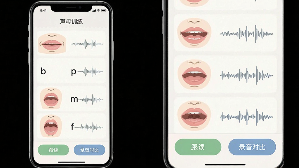 一张微读读系统课程学习界面的手机截图,屏幕上显示“声母训练”页面,列举了b、p、m、f等声母的发音示例和口型示意图,每个声母旁边配有标准发音的波浪线图形,界面下方有“跟读”和“录音对比”按钮,整体风格简洁,色彩柔和,画质清晰,无多余元素。