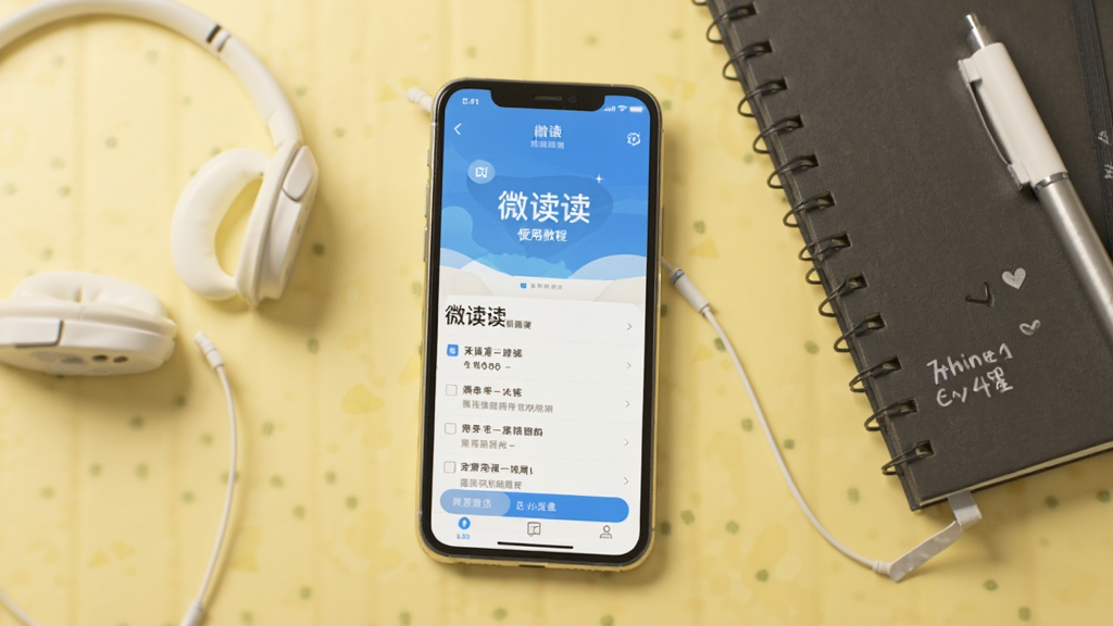 一张微读读使用教程的配图,图中展示手机屏幕上的微读读应用界面,旁边有耳机、笔记本等学习用品,背景为淡黄色桌面,整体风格温馨,画质清晰,无多余元素。