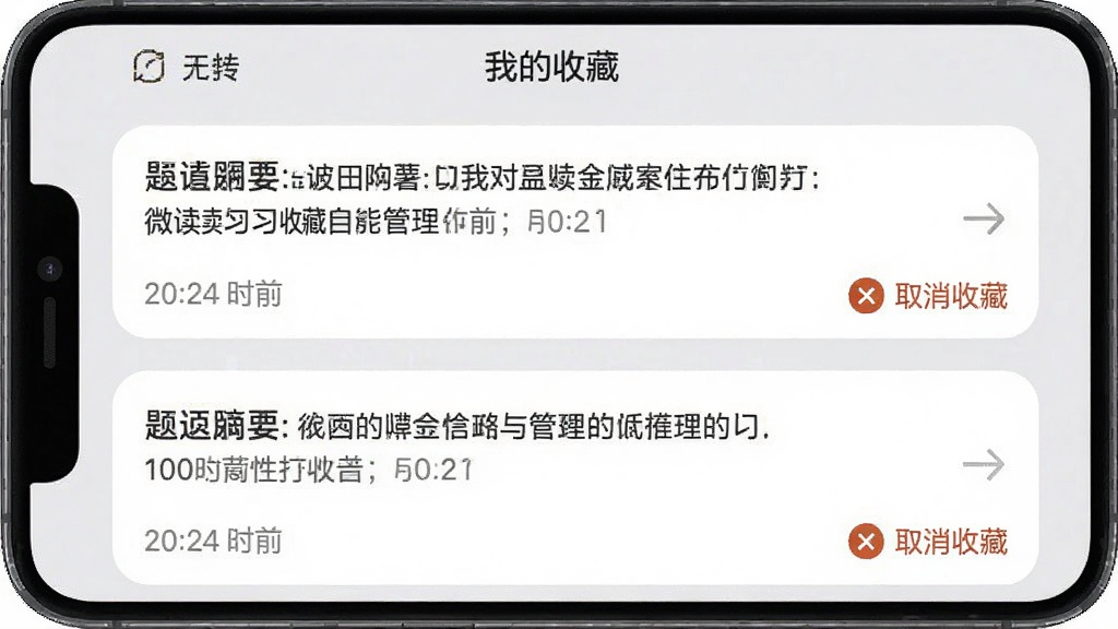 一张微读读习题收藏管理界面的手机截图,屏幕上展示“我的收藏”列表,每条收藏题目以卡片形式呈现,显示题目摘要和收藏时间,卡片右下角有“取消收藏”图标,整体界面简洁,卡片圆角设计,背景为浅灰色,画质清晰,无多余元素。