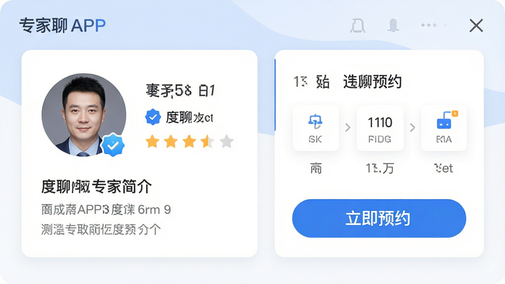主体:度聊APP的专家预约界面,展示专家卡片与“立即预约”按钮;布局:界面左侧为专家头像与简介,右侧为预约时间选择器;排版:卡片式布局,清晰直观;风格:商务简约,蓝白配色;细节:专家信息含认证标识与评分,按钮文字“度聊”品牌色;画质:高清,干净,无多余元素