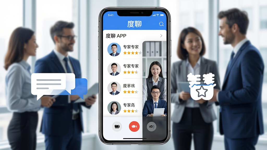 主体:度聊APP界面展示,手机屏幕显示专家列表与视频通话窗口,背景为商务人士交流场景;布局:手机居中,左右两侧点缀简洁的对话气泡与智慧星形图标;排版:画面干净,主次分明,突出“度聊”品牌标识;风格:现代商务风,蓝白主色调,简洁明亮;细节:专家头像清晰,星级评分可见,界面文字标注“度聊”字样;画质:高清渲染,干净,无多余元素