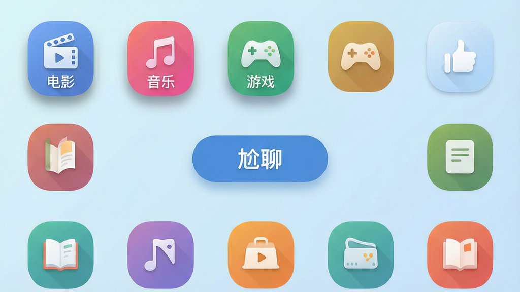 手机界面展示兴趣标签选择页面,有“电影”“音乐”“游戏”“读书”等彩色标签图标,中心有一个“尬聊”的匹配按钮,背景为淡蓝色渐变,布局为网格排列,排版整齐,风格清新简约,细节有标签选中状态的阴影效果,画质干净,无多余元素