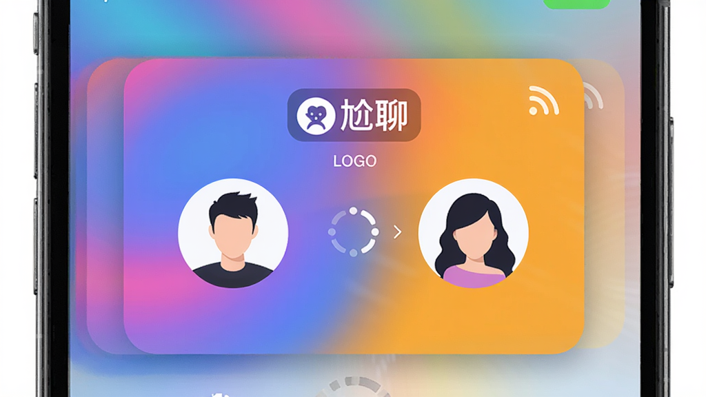 手机界面展示上滑动画,从屏幕底部滑出一张带“尬聊”LOGO的匹配卡片,卡片上有两个虚拟头像正在连接,背景为渐变色动态模糊效果,人物剪影为男性女性轮廓,布局以手机屏幕为主,排版居中对称,风格为现代科技感插画,细节包括加载转圈和网络信号图标,画质清晰,干净无多余元素