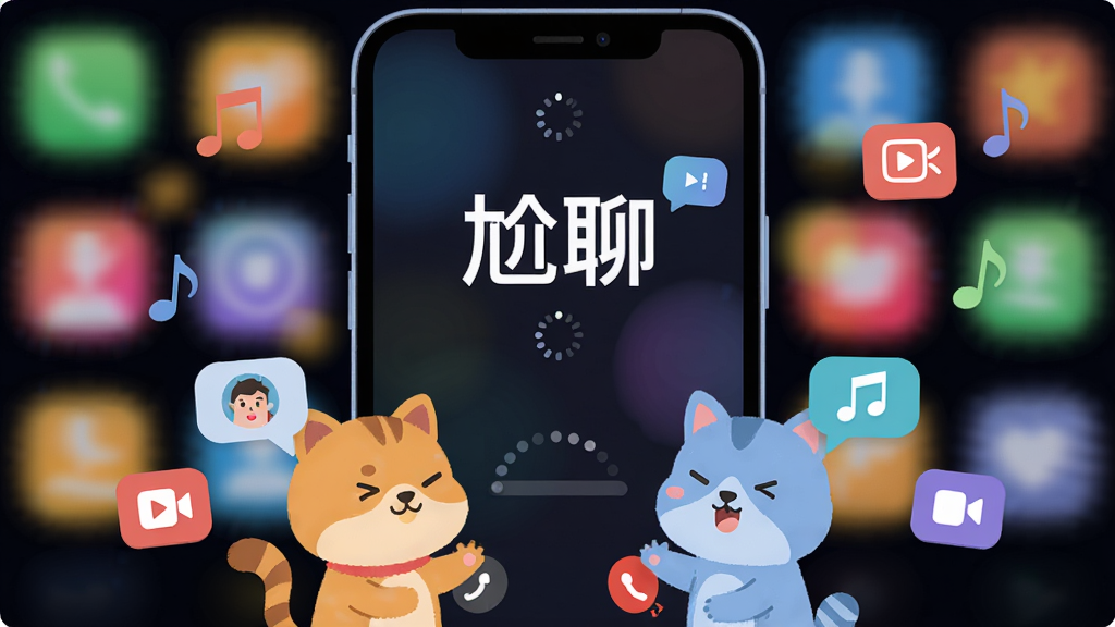 主体为一部亮着屏幕的智能手机,屏幕中央显示“尬聊”二字和动态匹配界面,背景是多彩模糊的社交光斑,前景有两只卡通小动物正在语音通话,整体布局以手机为中心,四周环绕音符和视频图标,排版简洁明快,采用扁平化插画风格,细节处有加载动画和头像气泡,画质高清,干净无多余元素