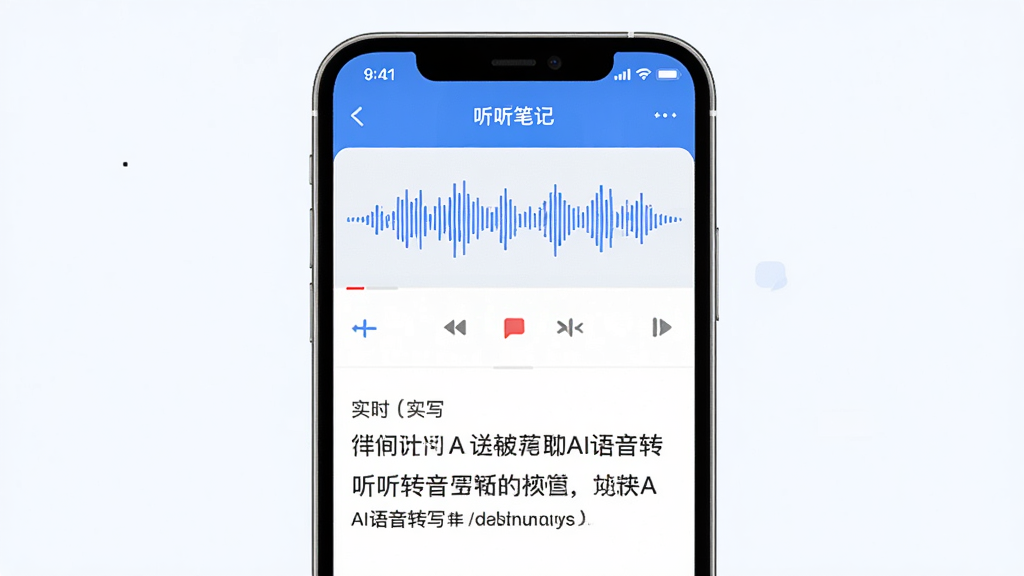 一张展示“听听笔记”应用全貌的预览图,主体为手机界面,屏幕上显示录音波形和实时转写的文字,界面简洁现代,以蓝色和白色为主色调,布局清晰,突出了AI语音转写功能,画质干净,无多余元素。