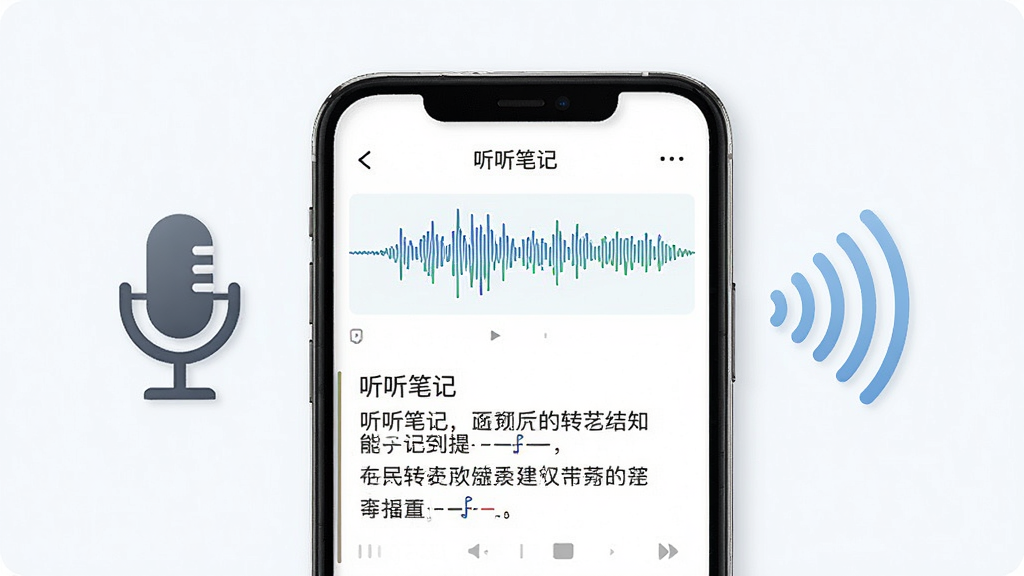 一张“听听笔记”实时转写功能示意图,主体为手机屏幕,显示一段录音波形和对应的文字转写结果,背景有麦克风和声波图标,布局简洁,风格清新,细节清晰,画质高清,干净无多余元素。