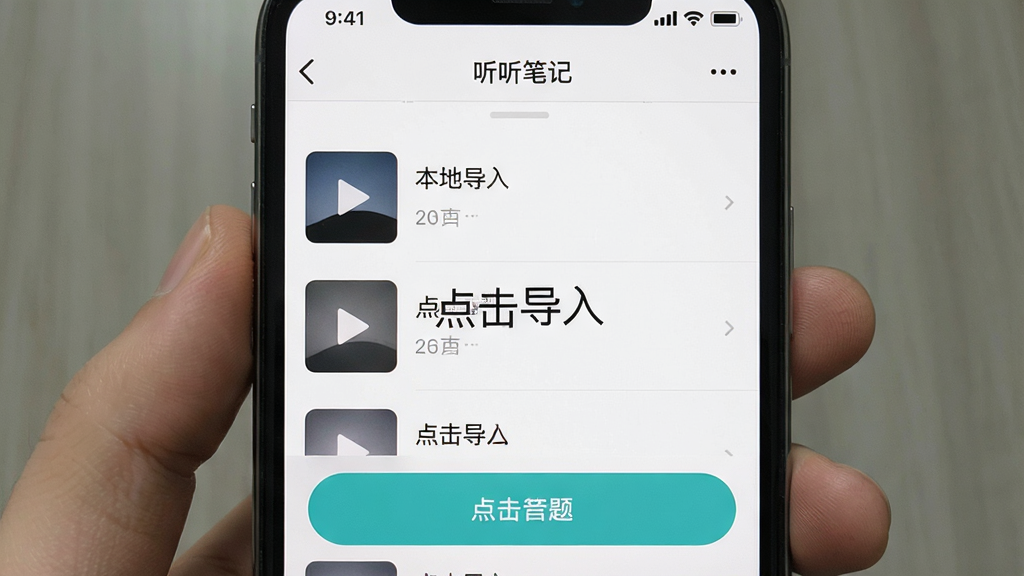 一张“听听笔记”音频导入界面截图,主体为手机屏幕,显示本地音频文件列表和上传按钮,有“点击导入”的提示文字,布局直观,风格简洁,细节清晰,画质干净。
