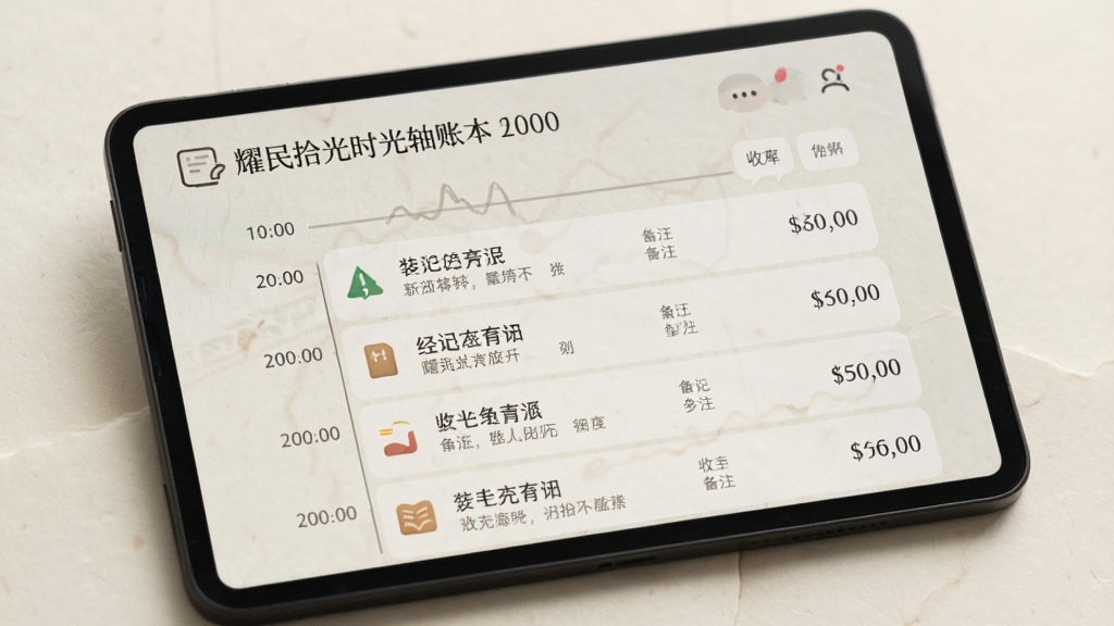 耀民拾光时光轴账本展示图,屏幕中显示按时间排列的收支记录,每条记录带有小图标和备注文字,背景为淡雅的纸纹质感,整体风格文艺清新,画质细腻,干净无多余元素