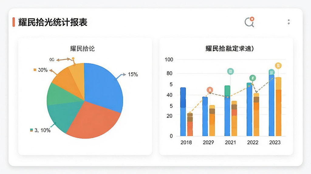 耀民拾光统计报表页面,展示饼图与柱状图,图表颜色鲜艳但协调,背景为白色卡片,界面专业清晰,画质干净,无多余元素