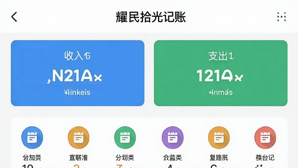 耀民拾光记账界面截图,突出显示收入与支出两个大按钮,下方是分类图标列表,界面设计简洁大方,色彩明快,画质清晰,干净无多余元素