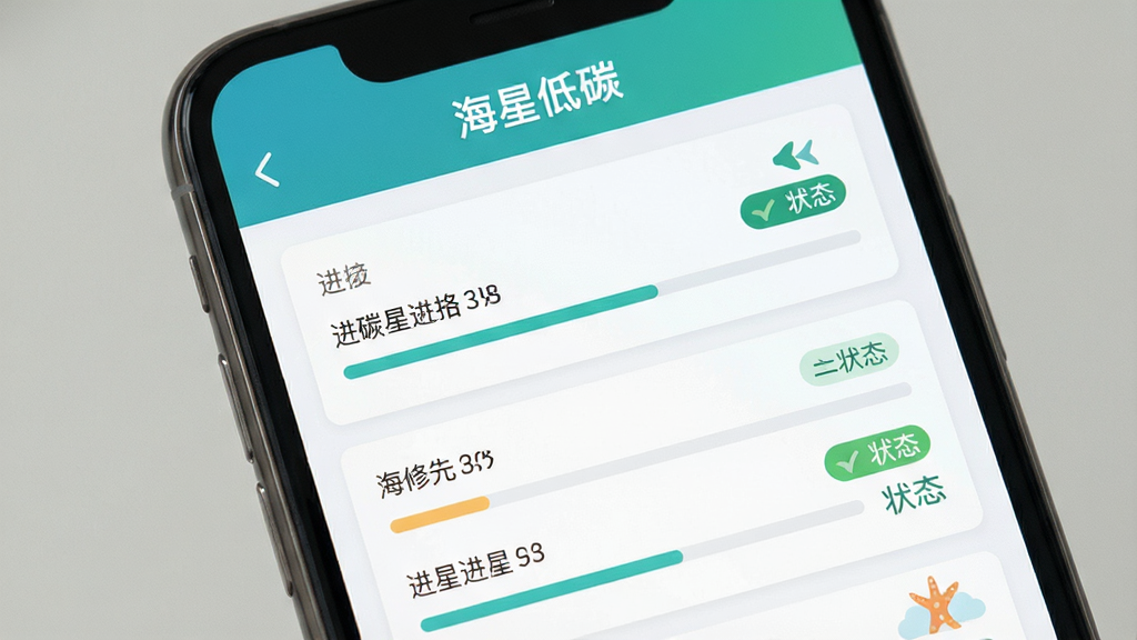 画面主体为手机特写,屏幕上是海星低碳的维修进度列表界面,顶栏有“海星低碳”字样,布局为列表形式,采用扁平化UI风格,色彩清爽,细节包含进度条和状态标签,画质清晰,干净无多余元素