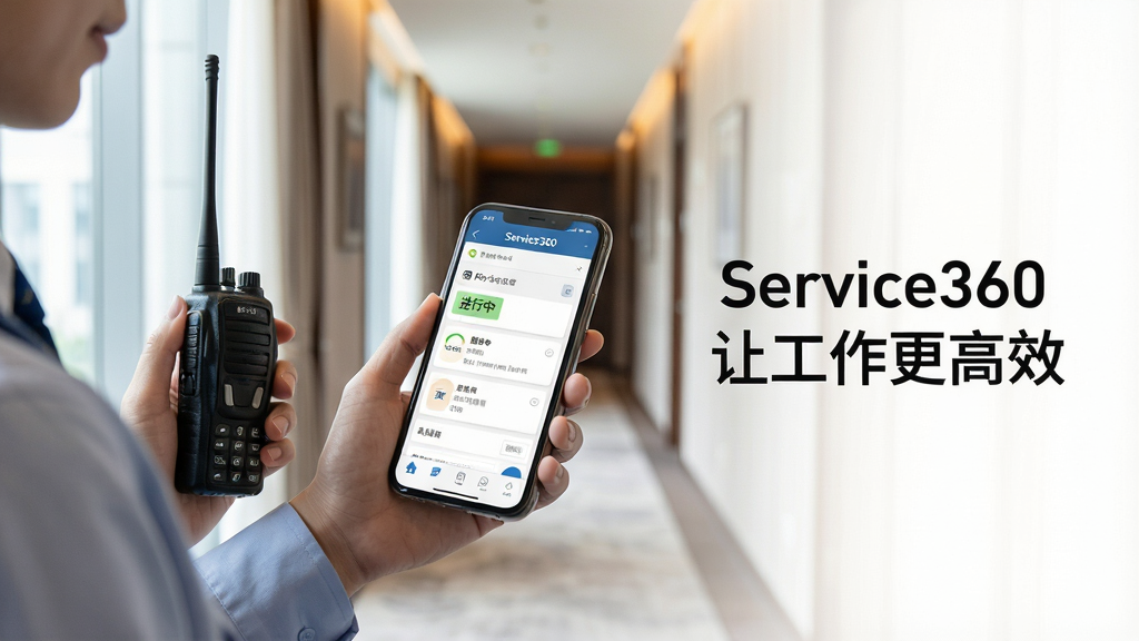 主体:Service360手机使用场景,员工在酒店走廊使用手机查看工单,另一只手拿着对讲机。布局:员工位于画面左侧,手机屏幕朝右,显示工单详情。排版:右侧留白,添加“Service360 让工作更高效”文字。风格:写实摄影风格,酒店环境,自然光。细节:手机屏幕清晰显示“Service360”界面,任务状态为“进行中”。画质:高清,干净,无多余元素