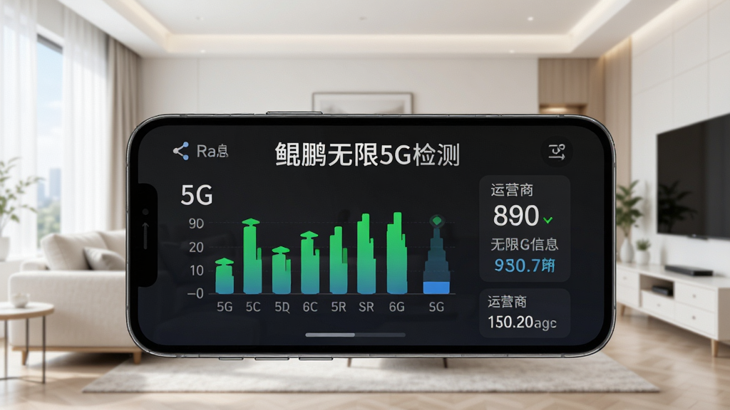 鲲鹏无限信号检测界面,显示5G信号强度柱状图与运营商信息,手机屏幕内展示详细数据,背景为现代化客厅,浅色明亮风格,文字标注“鲲鹏无限5G检测”,画质清晰,干净整洁