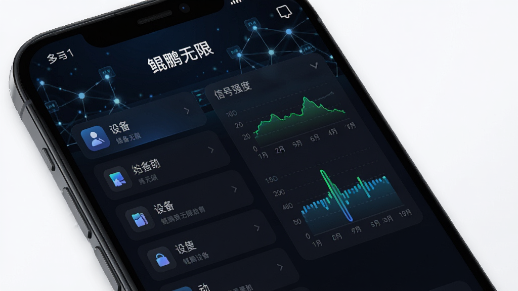 鲲鹏无限App主界面预览图,展示设备列表与信号强度图表,深色科技风格,背景为网络拓扑线条,界面清晰,文字标注“鲲鹏无限”,画质细腻,干净无多余元素