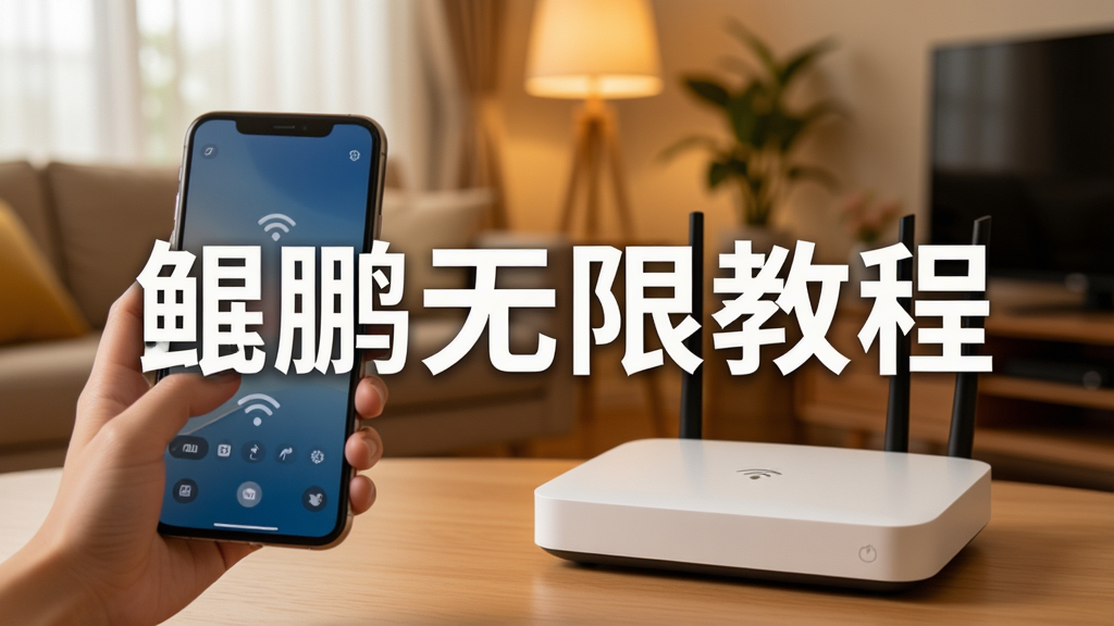 鲲鹏无限使用教程场景,手机与路由器连接,用户手指点击屏幕,背景为居家环境,暖色调,文字标注“鲲鹏无限教程”,画质清晰,干净无杂物