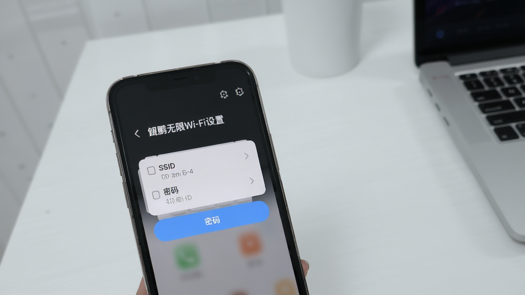 鲲鹏无限Wi-Fi设置界面,手机展示SSID与密码修改选项,背景为简约桌面,浅灰色调,文字标注“鲲鹏无限Wi-Fi设置”,画质清爽,干净无多余元素