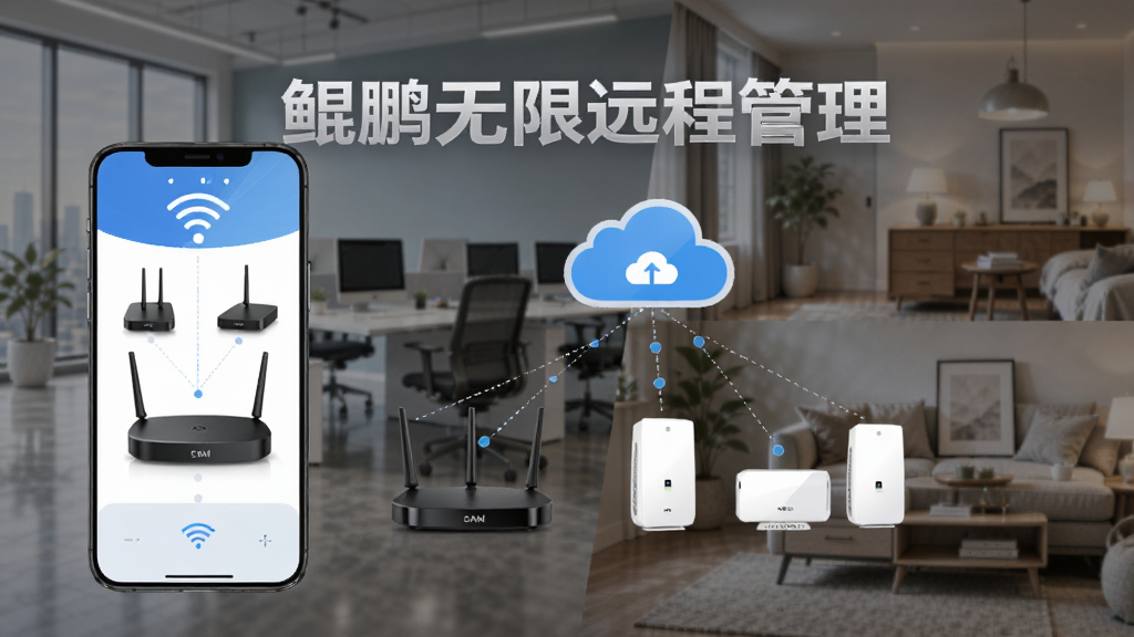 鲲鹏无限远程管理功能展示,手机控制路由器与多台设备,云端连接图标,背景为办公室与家庭场景拼接,商务风格,文字标注“鲲鹏无限远程管理”,画质专业,干净无杂物