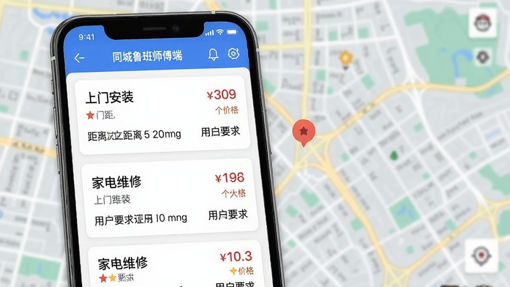 一张“同城鲁班师傅端”APP的订单列表界面预览图,屏幕内以列表形式展示多个“上门安装”和“家电维修”订单卡片,每张卡片标注距离、价格和用户要求,背景为模糊的城市地图,画面风格简洁商务,突出智能匹配与海量信息,画质干净清晰
