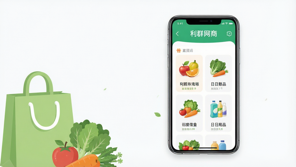 主体:一部亮屏的智能手机,屏幕内显示“利群网商”APP的购物首页界面,界面内有水果蔬菜、日用品等商品分类图标。布局:手机位于画面中央偏右,左侧留白并配以浅绿色的购物袋和新鲜蔬果元素作为点缀。排版:采用居中式构图,手机屏幕内容清晰可见,周围元素错落有致。风格:现代扁平化设计风格,色彩清新明亮,突出生活化与购物氛围。细节:手机屏幕上的“利群网商”字样清晰,商品图片精致,背景干净整洁。画质:4K超高清画质,细节丰富,干净,无多余元素。