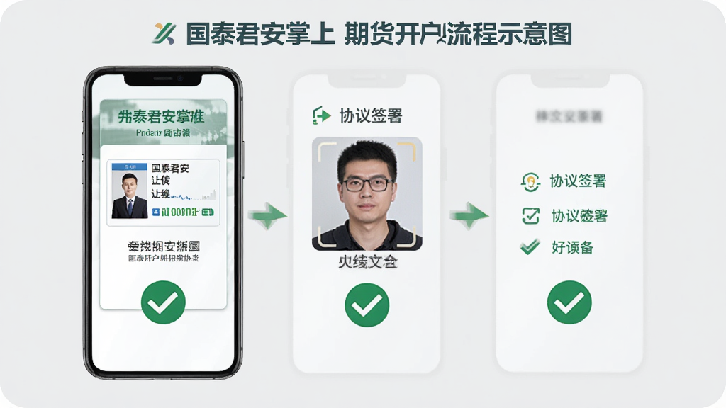 国泰君安掌上期货开户流程示意图,手机屏幕上显示身份证上传、人脸识别、协议签署等步骤,背景为浅灰色,配有绿色对勾图标表示完成,整体风格简洁商务,画质清晰,无多余元素