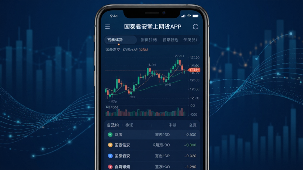 国泰君安掌上期货APP界面预览图,整体采用深蓝色金融科技风格,手机屏幕中央显示期货行情K线图与自选列表,界面简洁清晰,图标圆润,背景带有抽象的数据流动线条,画质高清,干净无多余元素