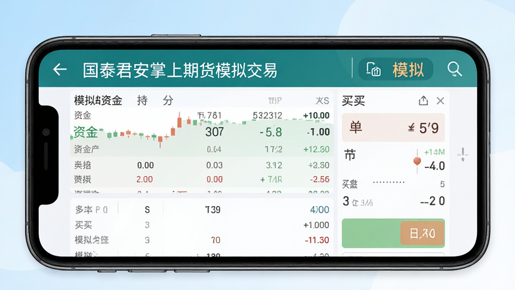 国泰君安掌上期货模拟交易界面,手机屏幕显示模拟账户资金、持仓明细和买卖挂单区域,顶部有“模拟”标签,背景为柔和的蓝白渐变,风格清爽,画质高清,无多余元素