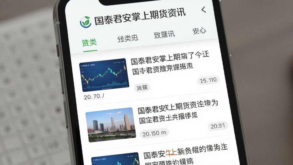 国泰君安掌上期货资讯页面,手机屏幕显示新闻列表,配有图片缩略图和时间标签,顶部有分类导航栏,背景为浅白色,风格简洁明快,画质干净,无多余元素