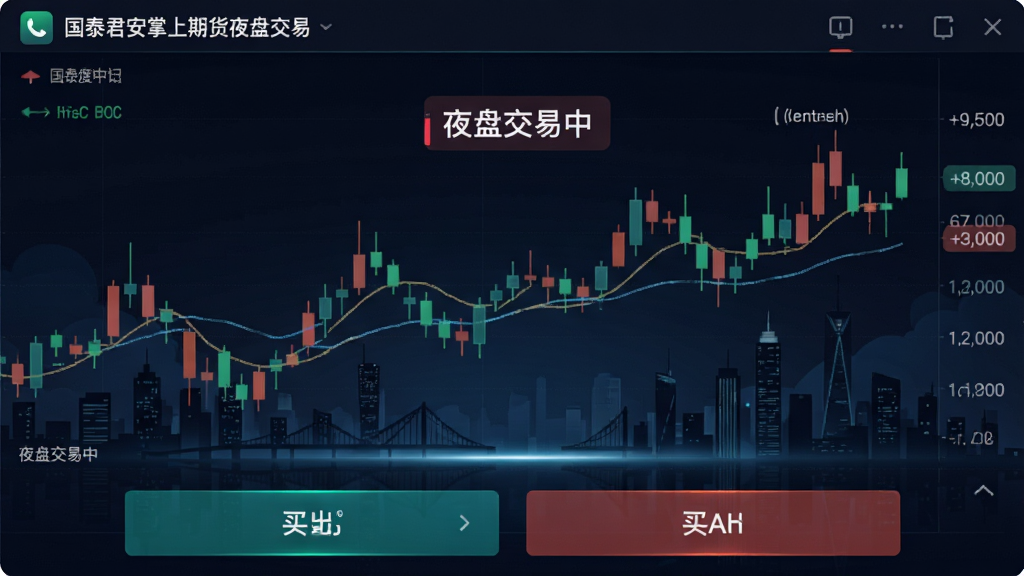 国泰君安掌上期货夜盘交易界面,深色背景突出K线图,显示“夜盘交易中”的标识,下方有买入卖出按钮,周围有夜晚城市天际线剪影,风格科技感强,画质清晰,无多余元素