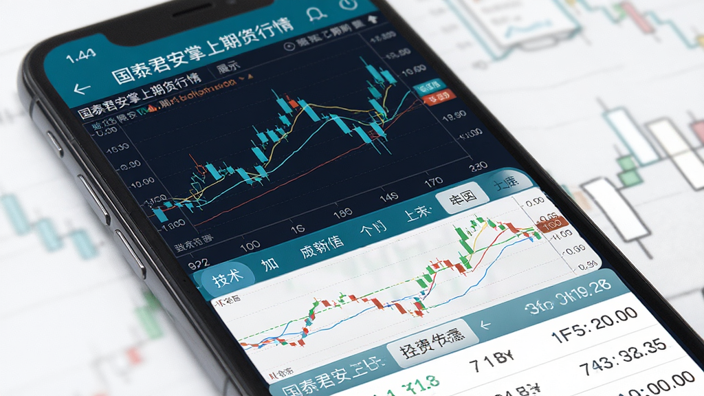 国泰君安掌上期货行情展示界面,手机屏幕显示分时图和K线图,下方有技术指标选择栏,数据列表滚动,整体风格专业,蓝白配色,画质高清,无多余元素