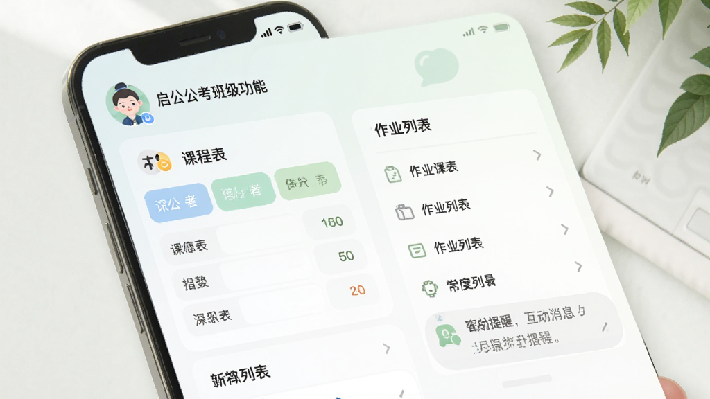 启公公考班级功能界面,展示课程表与作业列表,手机屏幕内包含班级头像和互动消息提醒,界面友好,浅色背景,卡片式布局,风格清新自然,画质干净,无多余元素