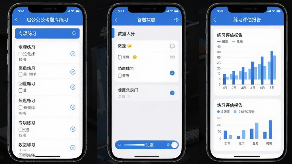 启公公考题库练习界面,手机屏幕显示专项练习列表与答题页面,包含选择题和进度条,界面以蓝色和白色为主,数据可视化图表展示练习评估报告,风格现代简洁,画质清晰,无多余元素