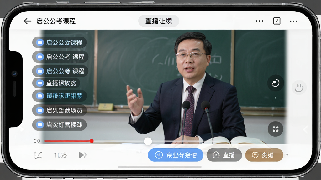 启公公考课程播放页面,手机横屏展示直播课堂画面,包含老师讲课视频与互动弹幕,界面下方有进度条和功能按钮,风格专业,色调明亮,画质高清,无多余元素
